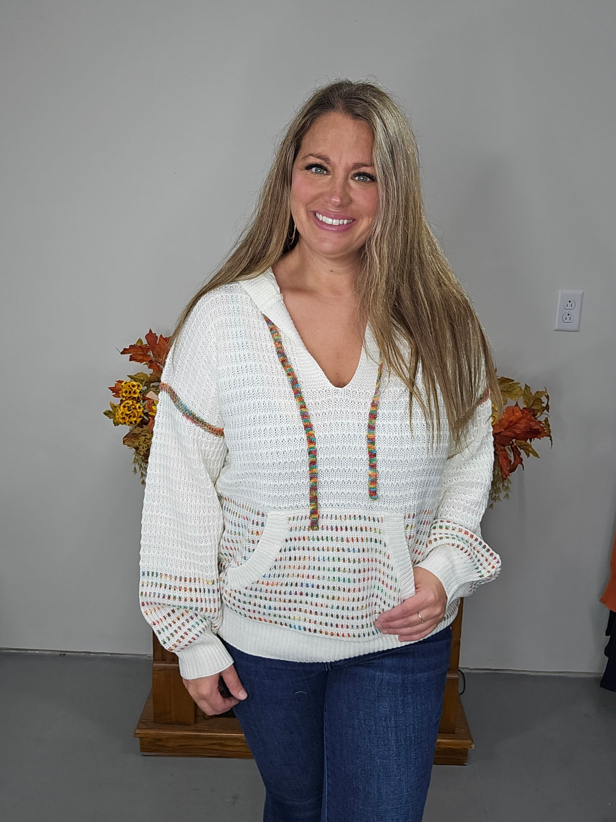 IVORY KNIT HOODED SWEATER W/ MULTI COLORS