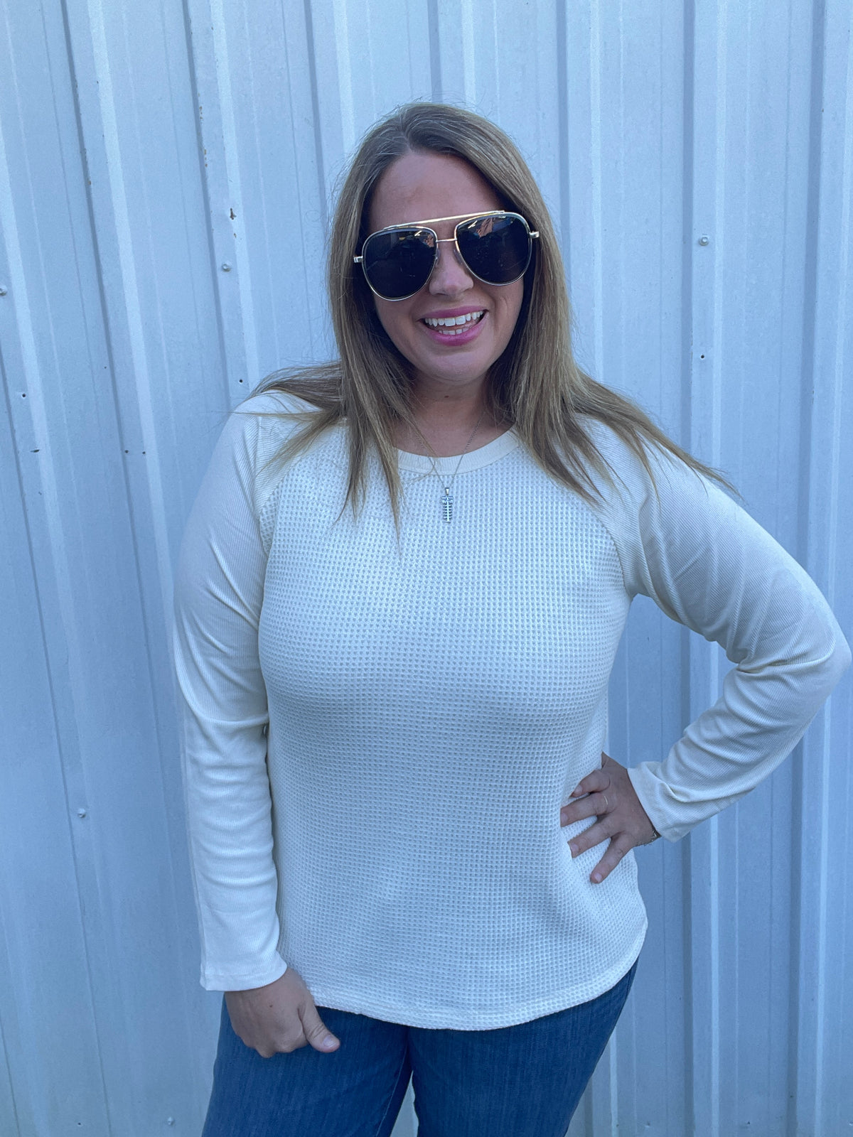 IVORY Waffle & Solid Mixed, Long sleeve Knit Top