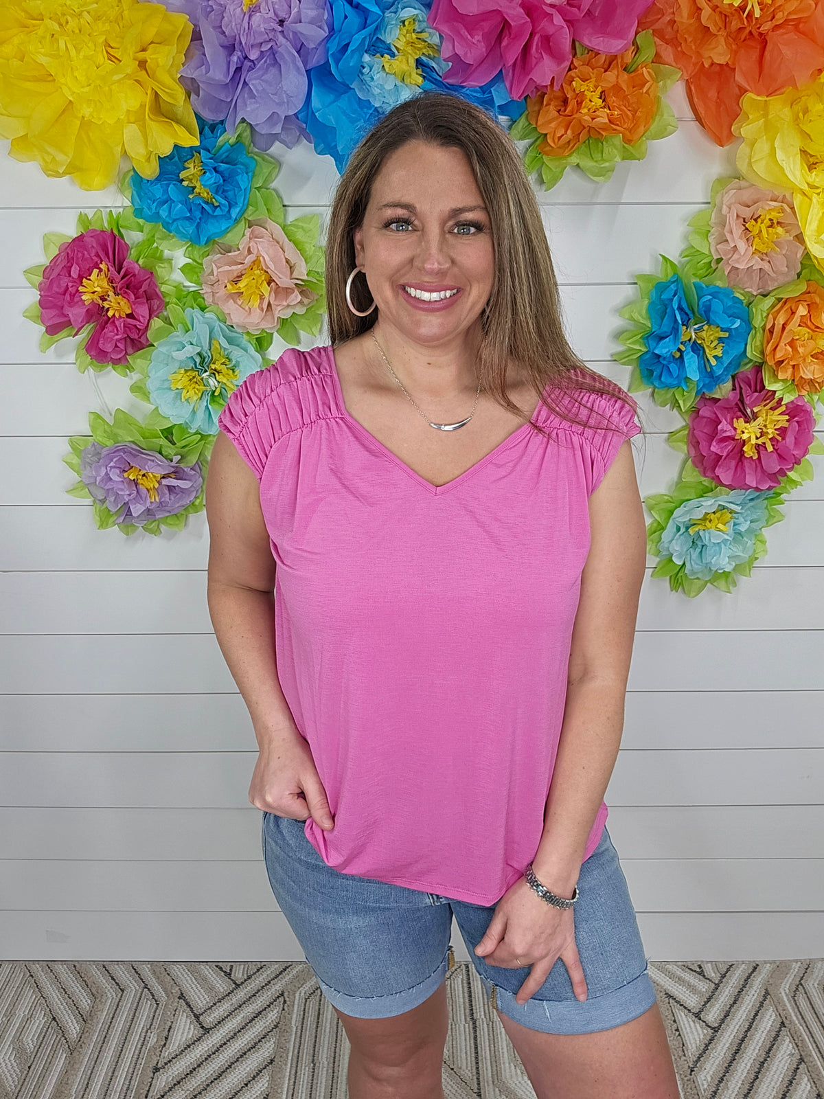 MAGENTA WRINKLE FREE TOP W/ SMOCKED SHOUDLER AND TIE BACK*FINAL SALE