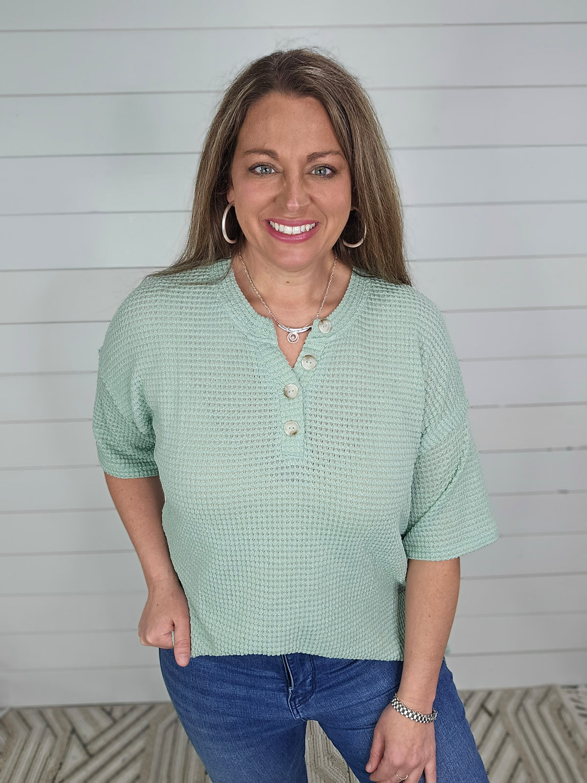 SAGE WAFFLE KNIT BUTTON TOP