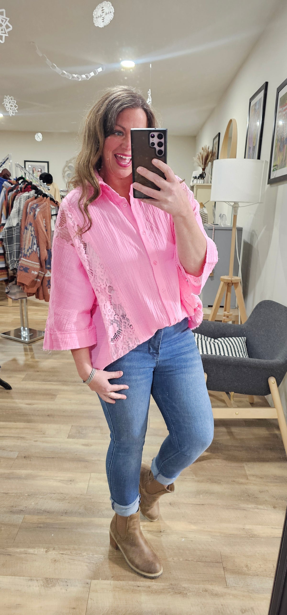 PINK OVERSIZED LACE BUTTON UP TOP