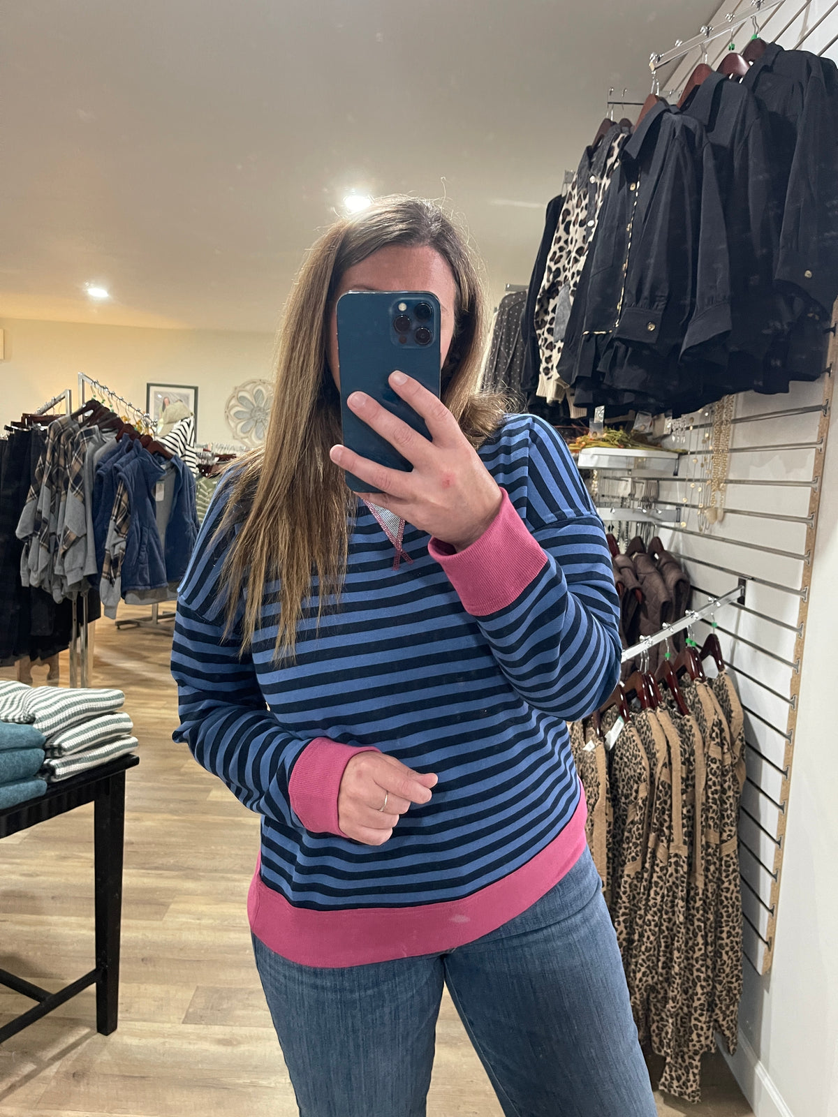 Navy/Fuschia Color Trim Banded, Long Sleeve, French Terry Pinstriped Top