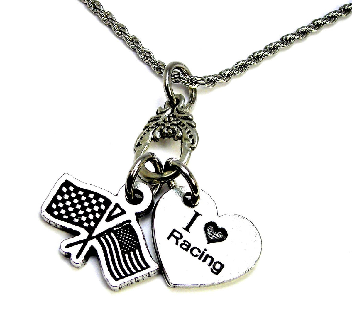 Chubby Chico Charms - Racing flag American flag  I love  racing Chain Necklace