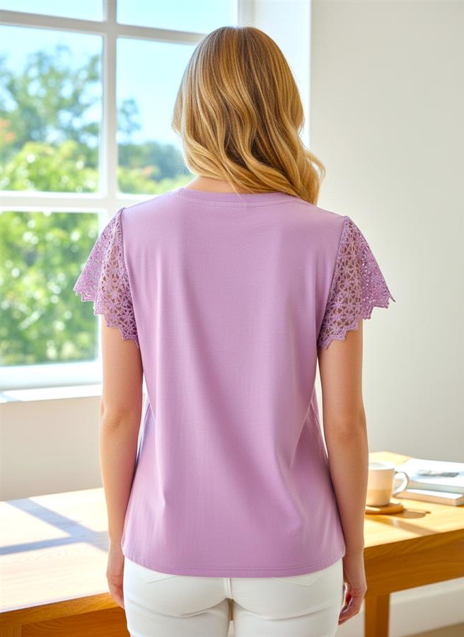 DARK PINK SCALLOPED LACE SLEEVE KNIT TOP