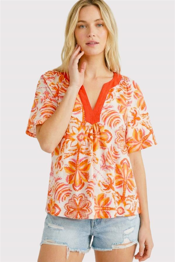 ORANGE FLORAL PRINT TOP W/ Y NECK LINE AND FLUTTER SLEEVE