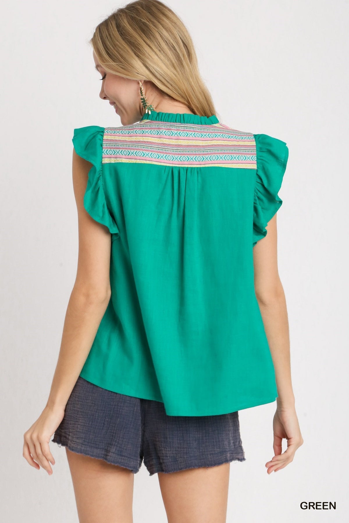 GREEN LINEN BLEND SPLIT NECK TOP