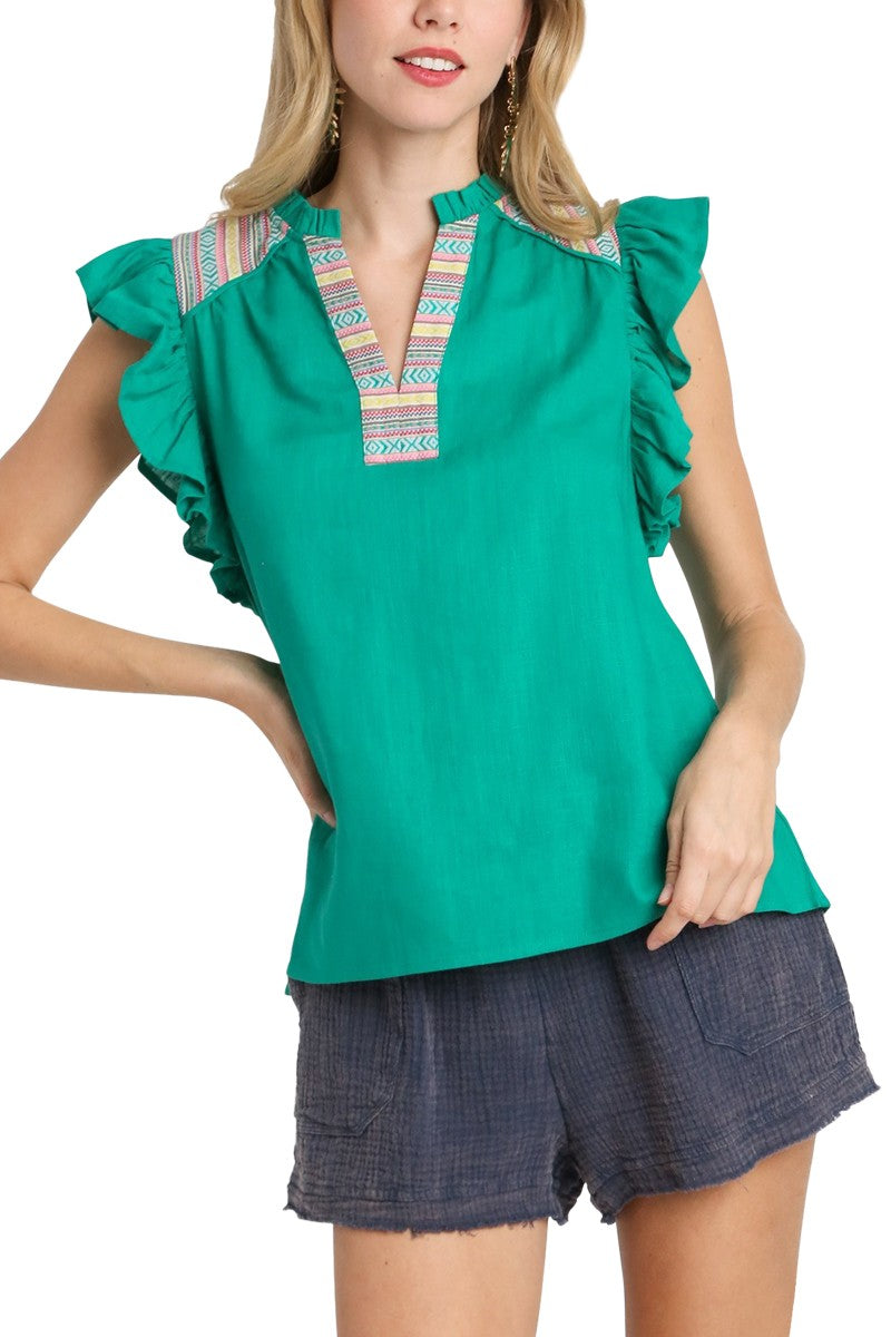 GREEN LINEN BLEND SPLIT NECK TOP