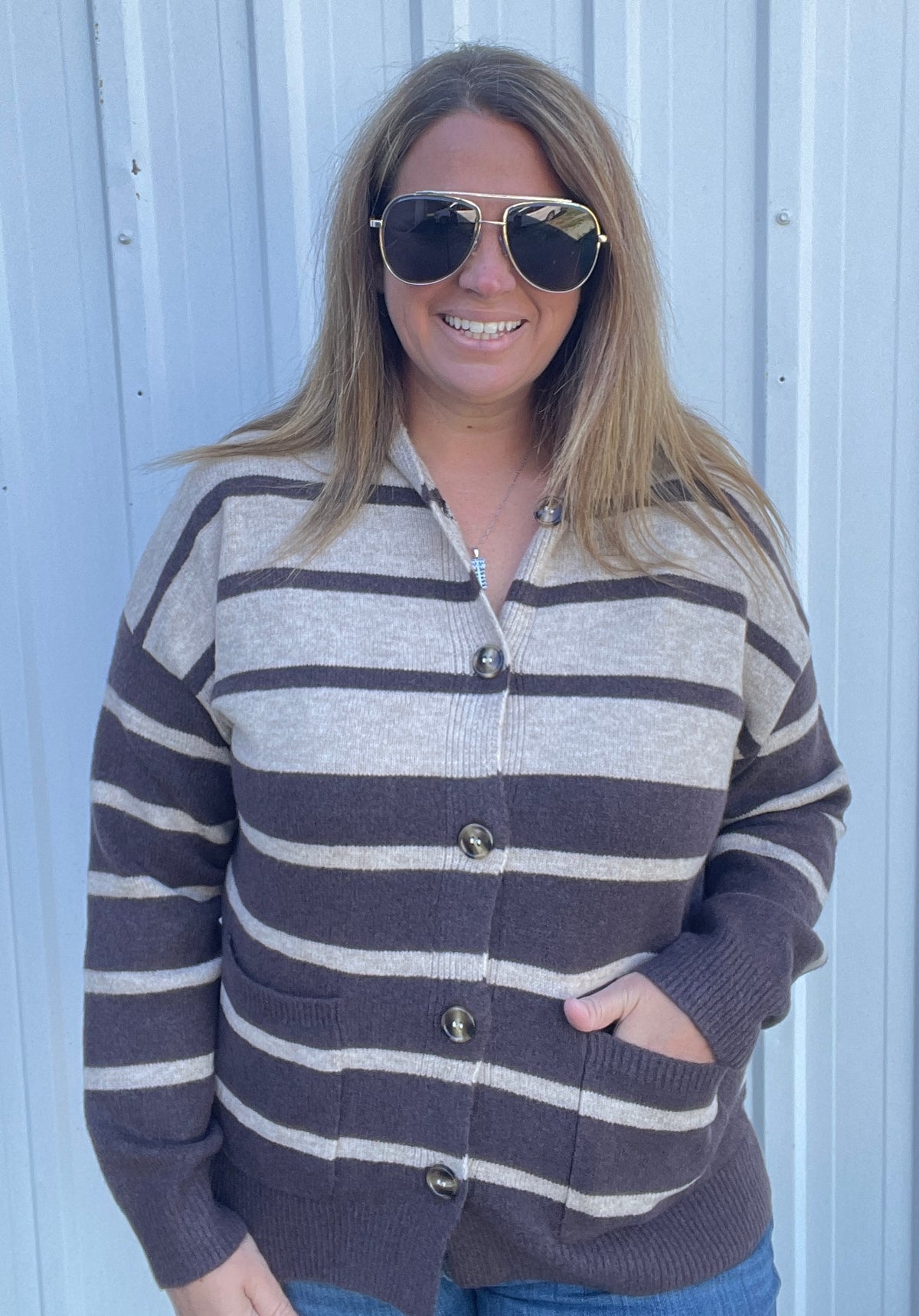 DARK MOCHA Striped, Hoodie, Button Down, Cardigan Sweater With Pocket
