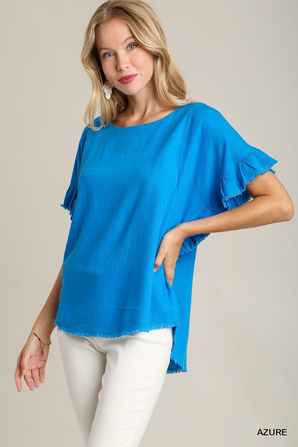 AZURE LINEN BLEND SHORT RUFFLE SLEEVE TOP