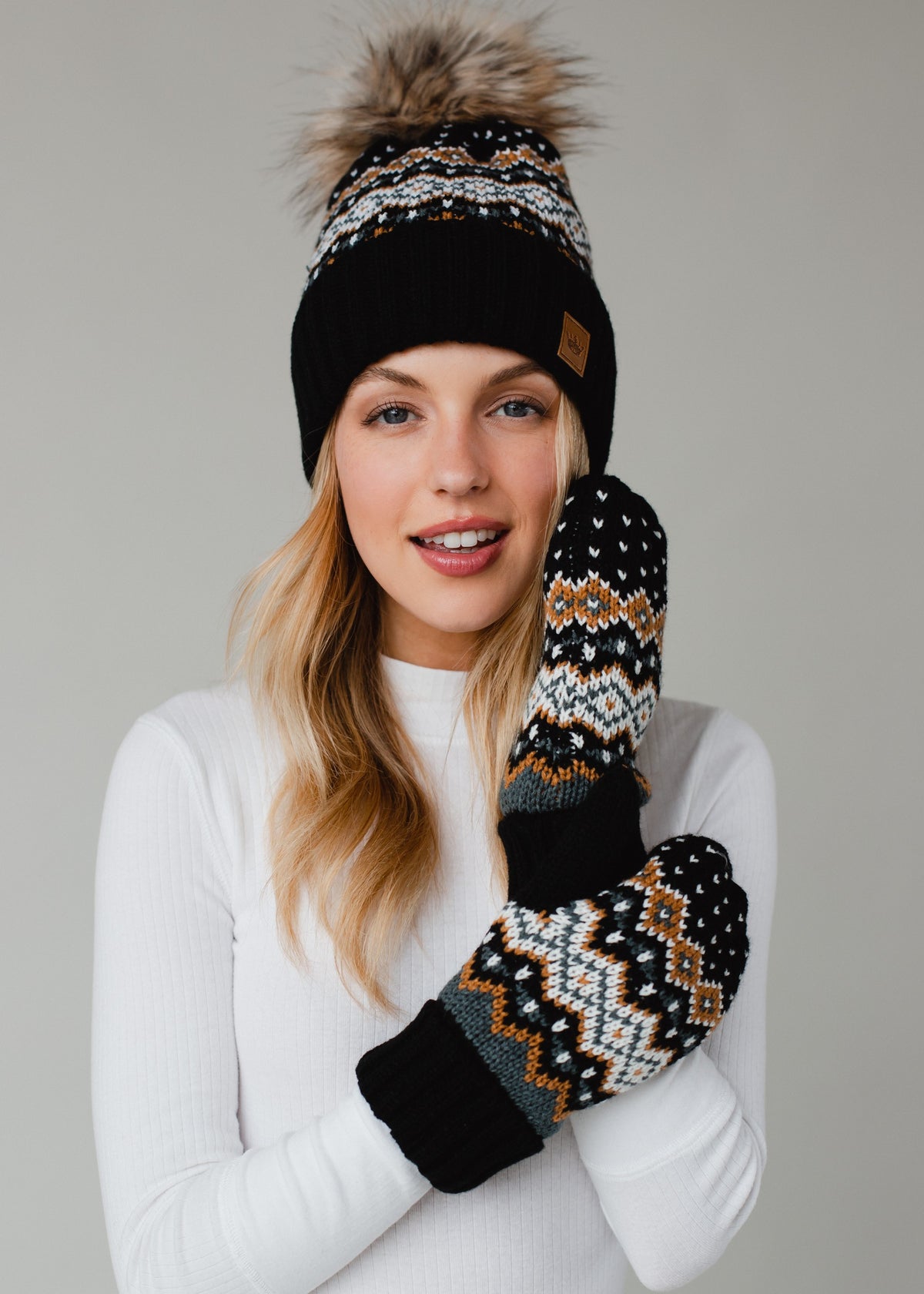 BLACK, WHITE, MUSTARD PATTERNED POM HAT