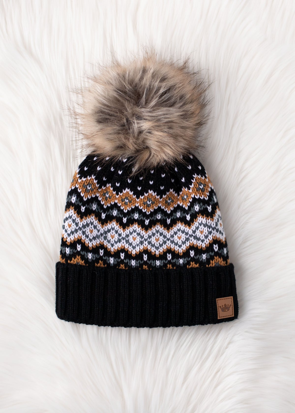 BLACK, WHITE, MUSTARD PATTERNED POM HAT