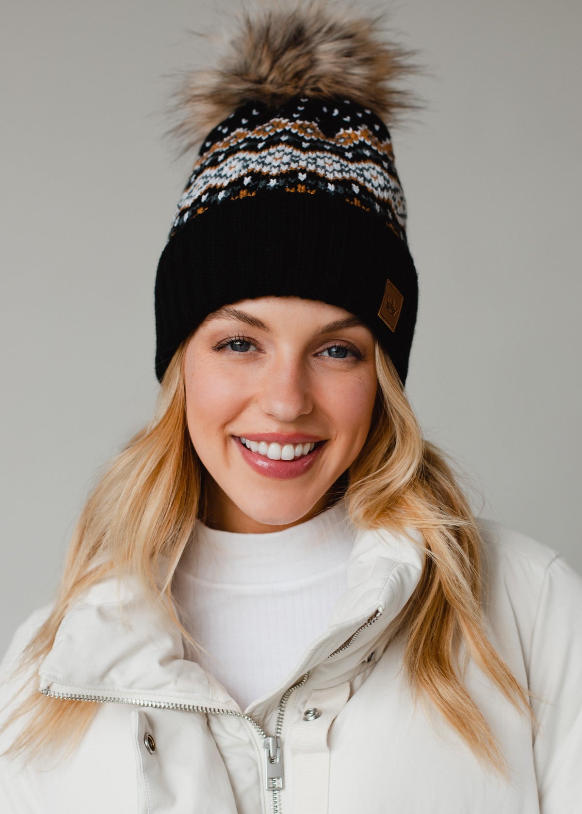 BLACK, WHITE, MUSTARD PATTERNED POM HAT