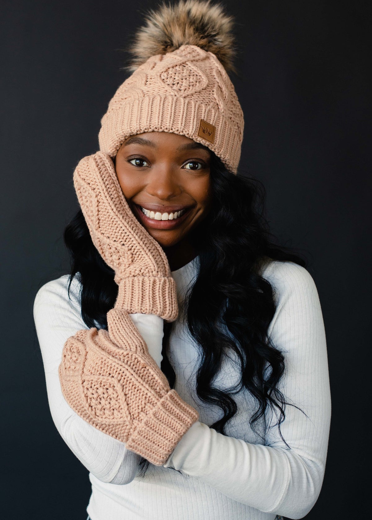 PEACH FUZZ CABLE KNIT POM HAT – Brooch Boutique - Main Image