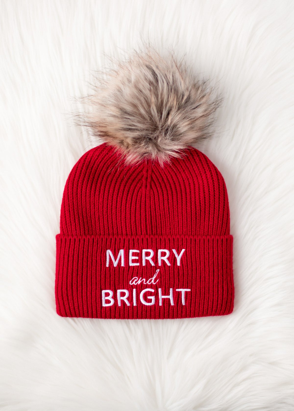 RED & WHITE MERRY AND BRIGHT KNIT HAT