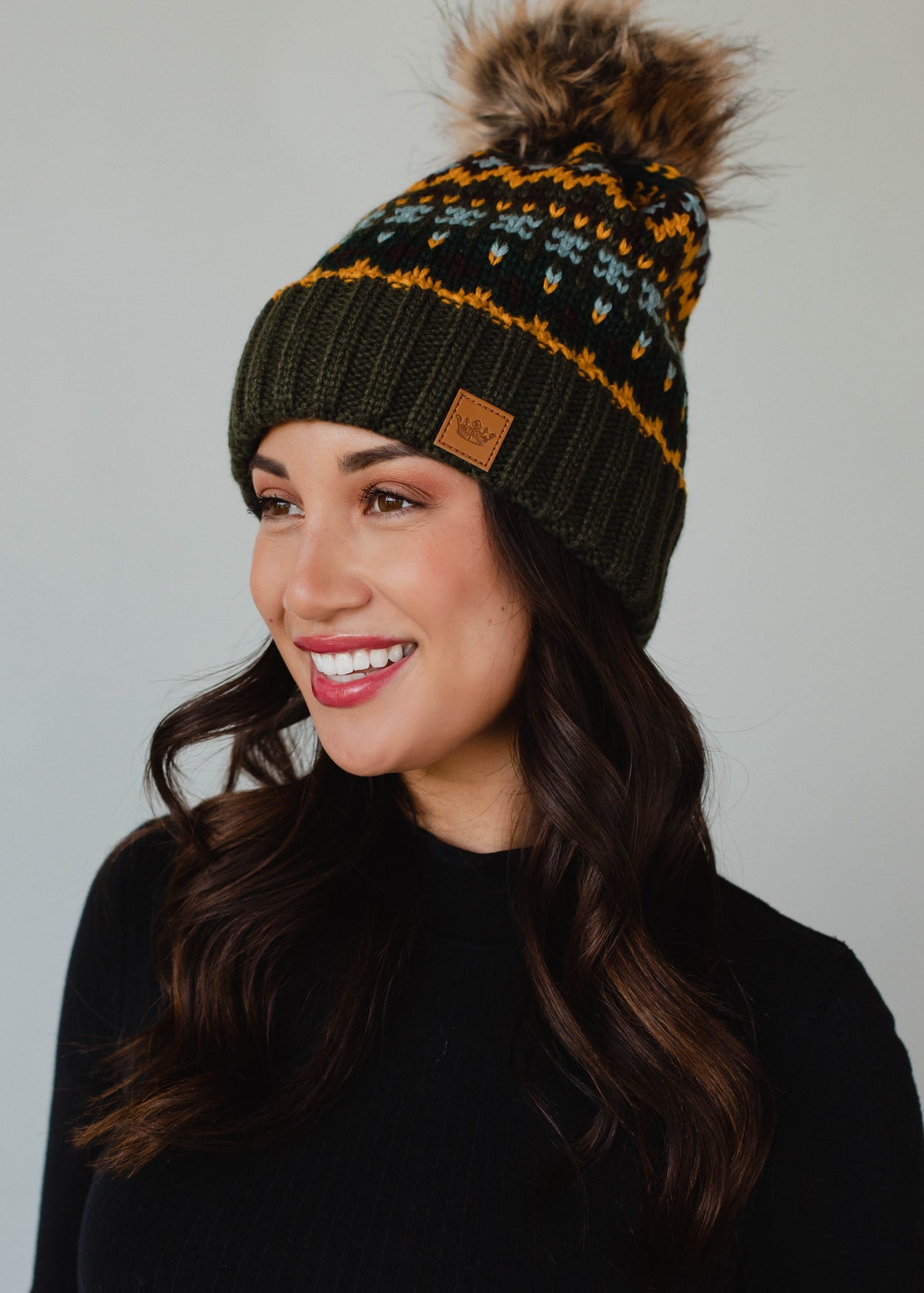 OLIVE AND MULTICOLORED PATTERNED POM HAT