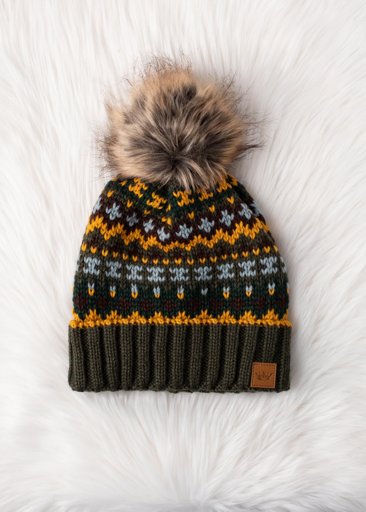 OLIVE AND MULTICOLORED PATTERNED POM HAT