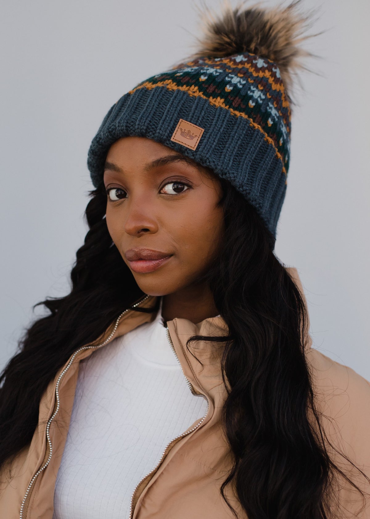 DUSTY BLUE & MULTICOLORED PATTERNED POM HAT