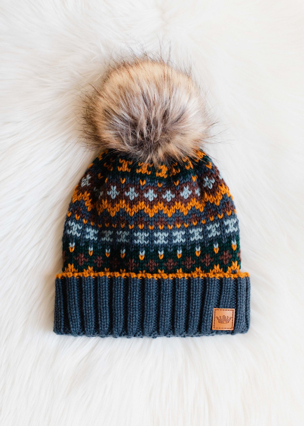 DUSTY BLUE & MULTICOLORED PATTERNED POM HAT