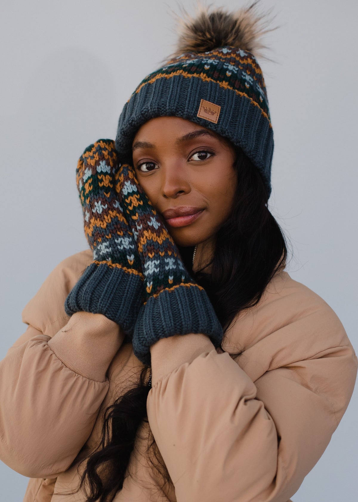 DUSTY BLUE & MULTICOLORED PATTERNED POM HAT