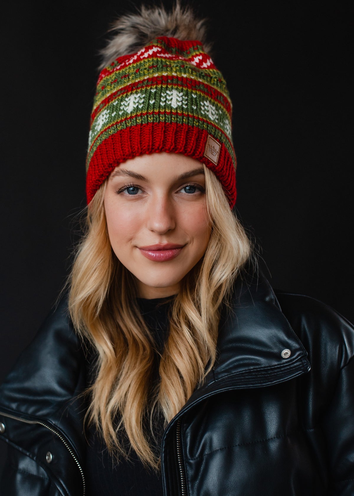 RED, GREEN AND WHITE CHRISTMAS PATTERN POM HAT