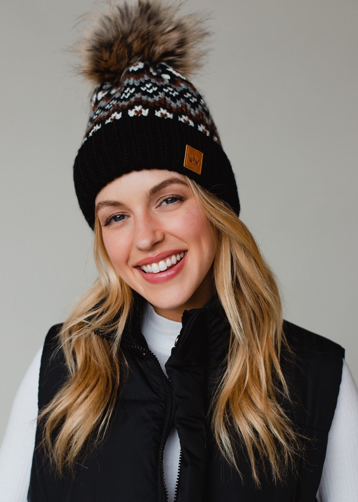 BLACK, WHITE, BROWN PATTERNED POM HAT