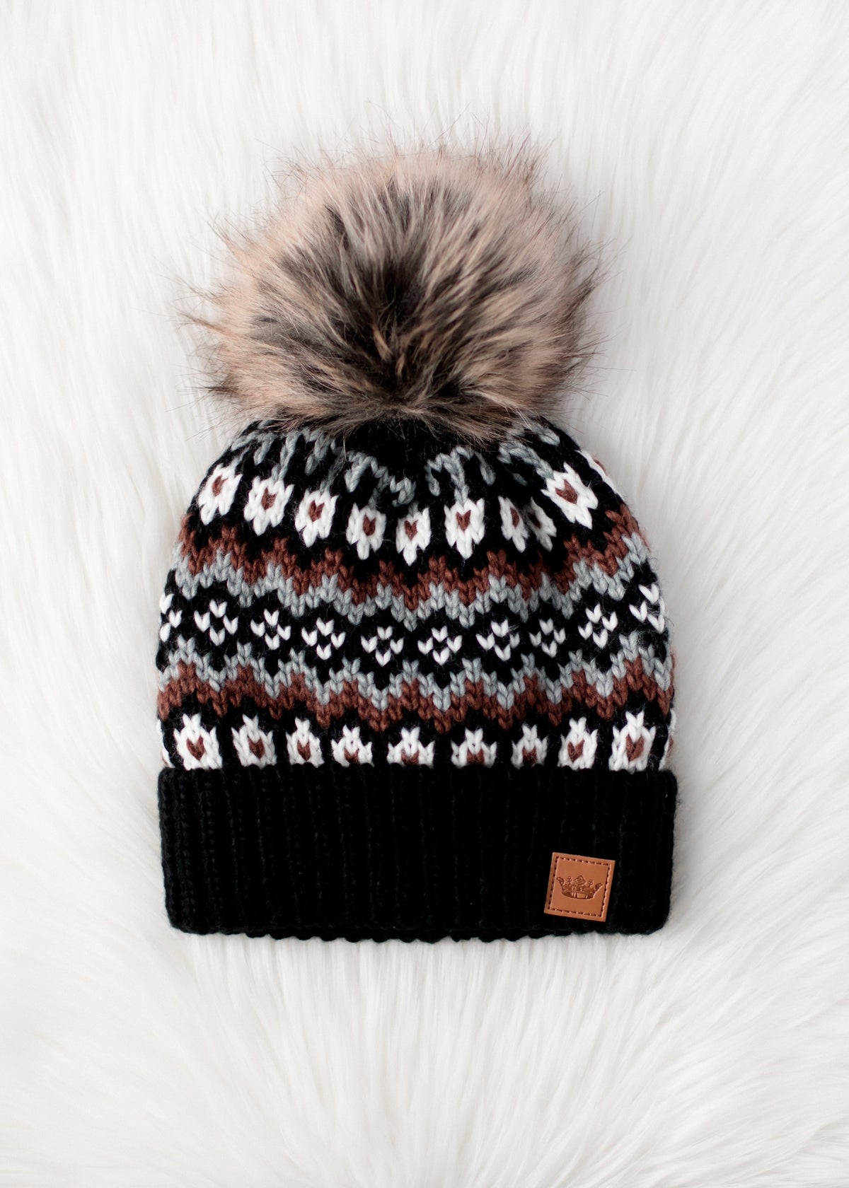 BLACK, WHITE, BROWN PATTERNED POM HAT