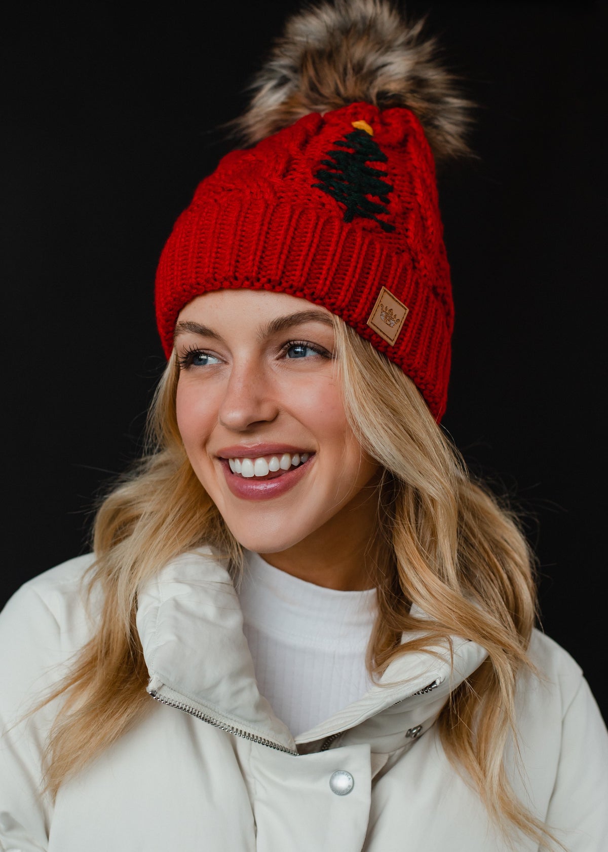 RED CABLE KNIT HAT W/ EMBROIDERED TREE