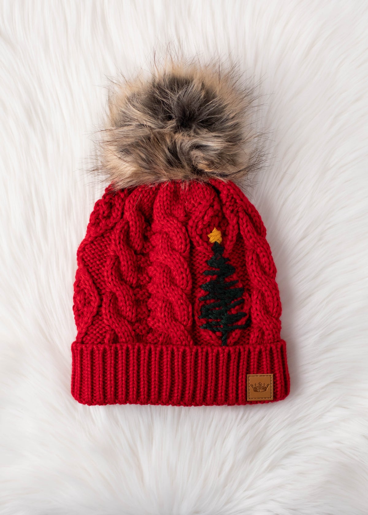 RED CABLE KNIT HAT W/ EMBROIDERED TREE