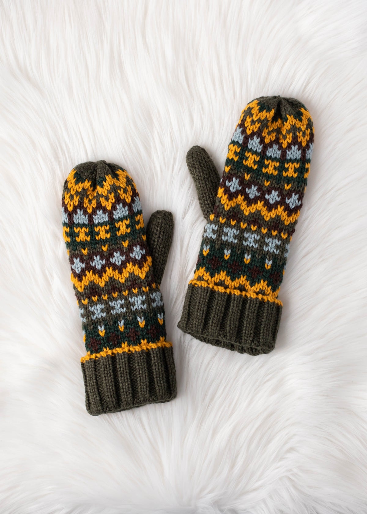 OLIVE &MULTICOLORED PATTERNED MITTENS