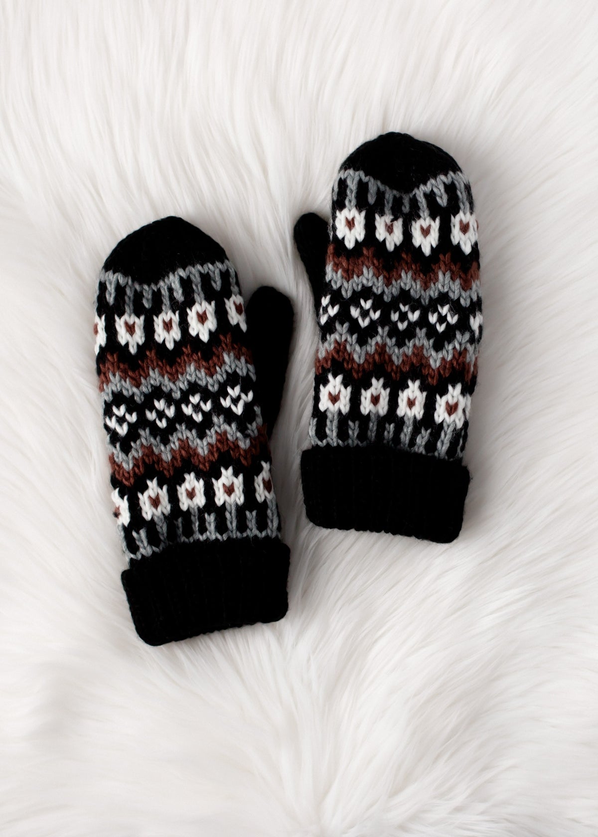 BLACK, WHITE AND BROWN PATTERN MITTENS