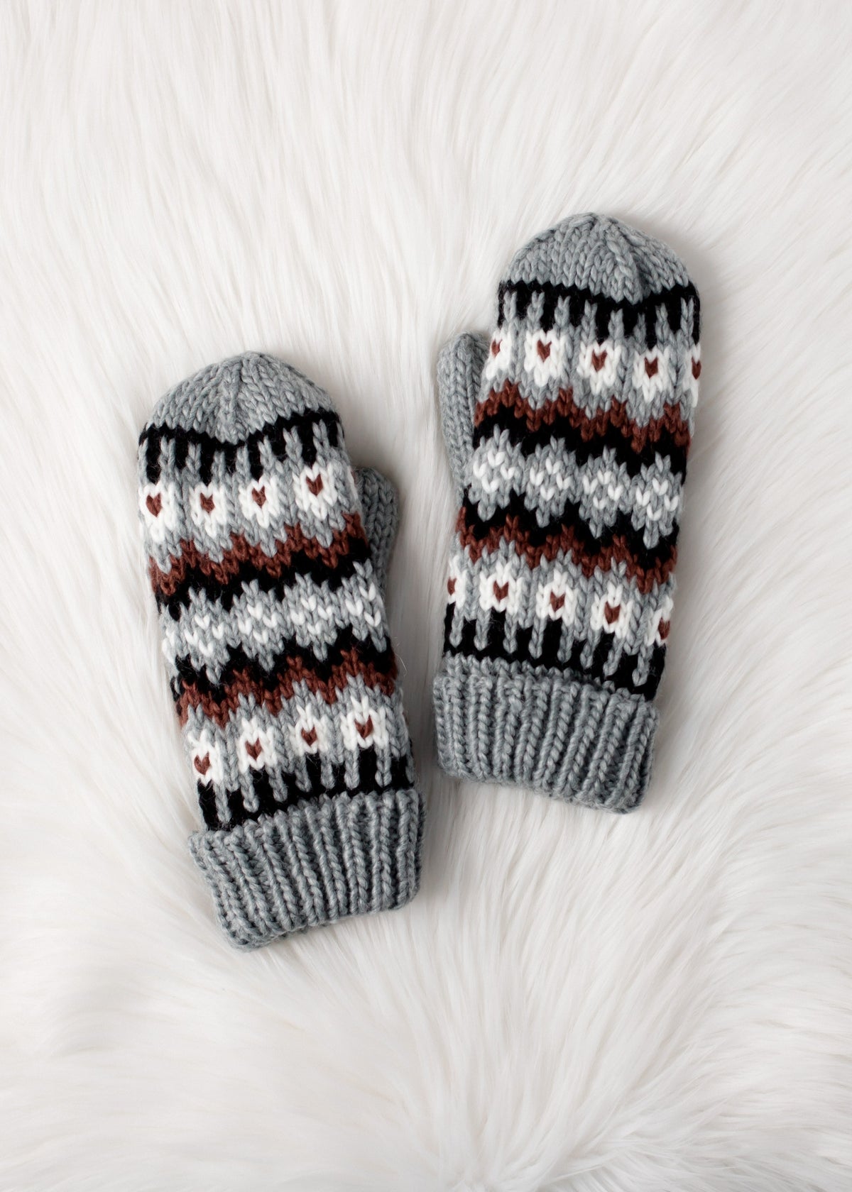 GRAY, BROWN. WHITE PATTERNED MITTENS