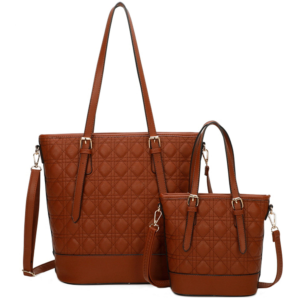 BROWN 2IN1 DESIGN STITCHING PATTERN SHOULDER TOTE W MATCHING BAG SET