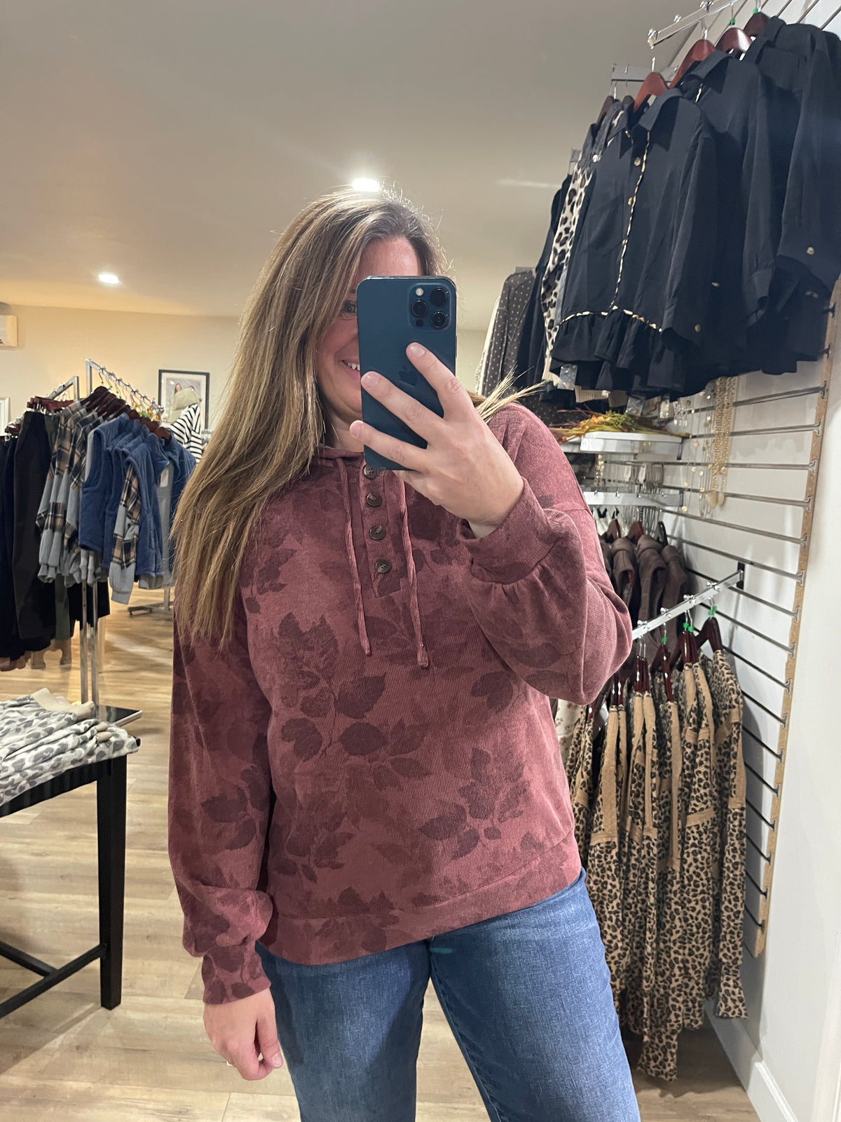 MARSALA Half Button, Long Sleeve, Floral Printed Drawstring Hoodie