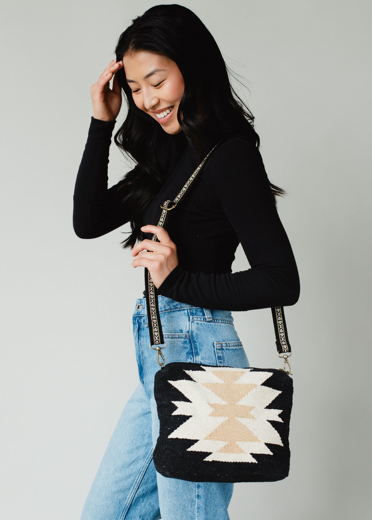 BLACK,CREAM, TAN AZTEC CROSSBODY