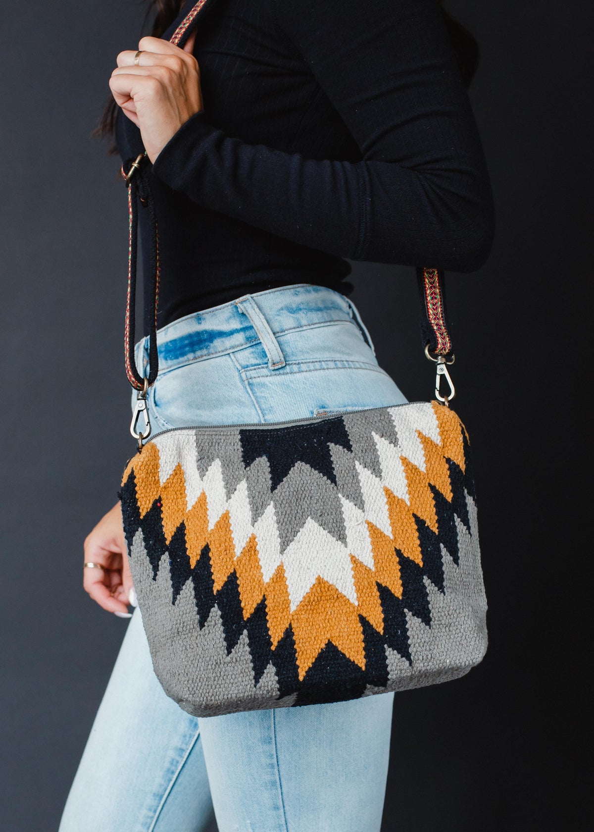 GRAY, BLACK, MUSTARD, & CREAM AZTEC CROSSBODY