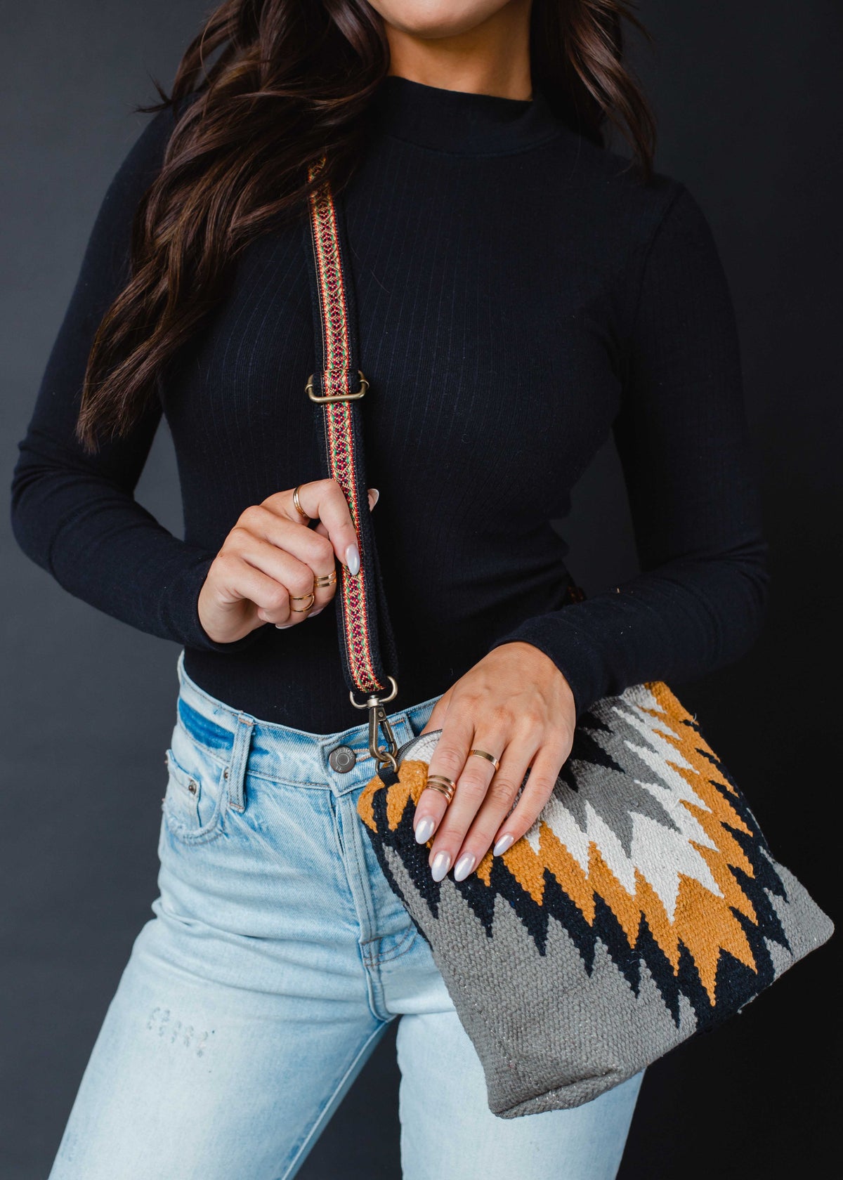 GRAY, BLACK, MUSTARD, & CREAM AZTEC CROSSBODY