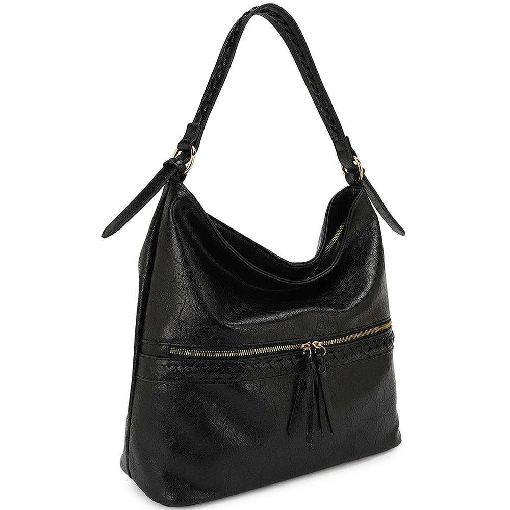 BLACK SMOOTH ZIPPER HOBO BAG