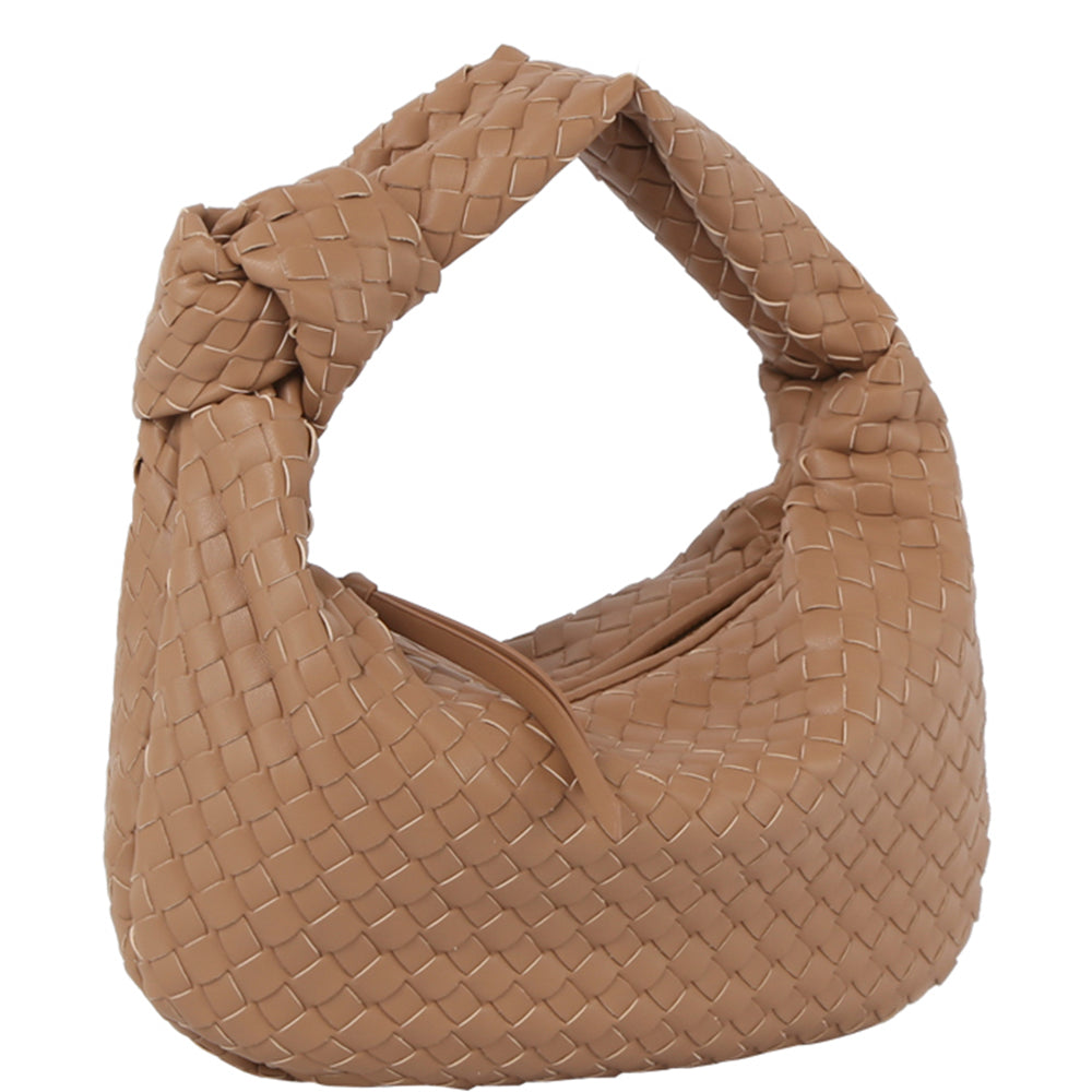 TAN FASHION BRAID TEXTURE KNOT ZIPPER SHOULDER BAG