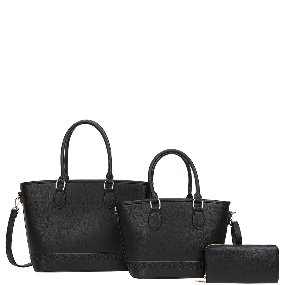 BLACK 3IN1 PLAIN HANDLE SATCHEL W MATCHING BAG AND WALLET SET