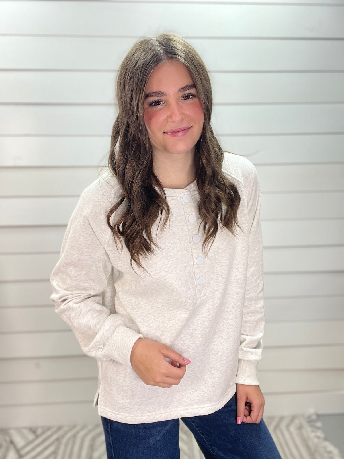 ASH GREY Half Snap Button Neck Long Sleeve Brushed French Terry Sweatshirt With Side Slits