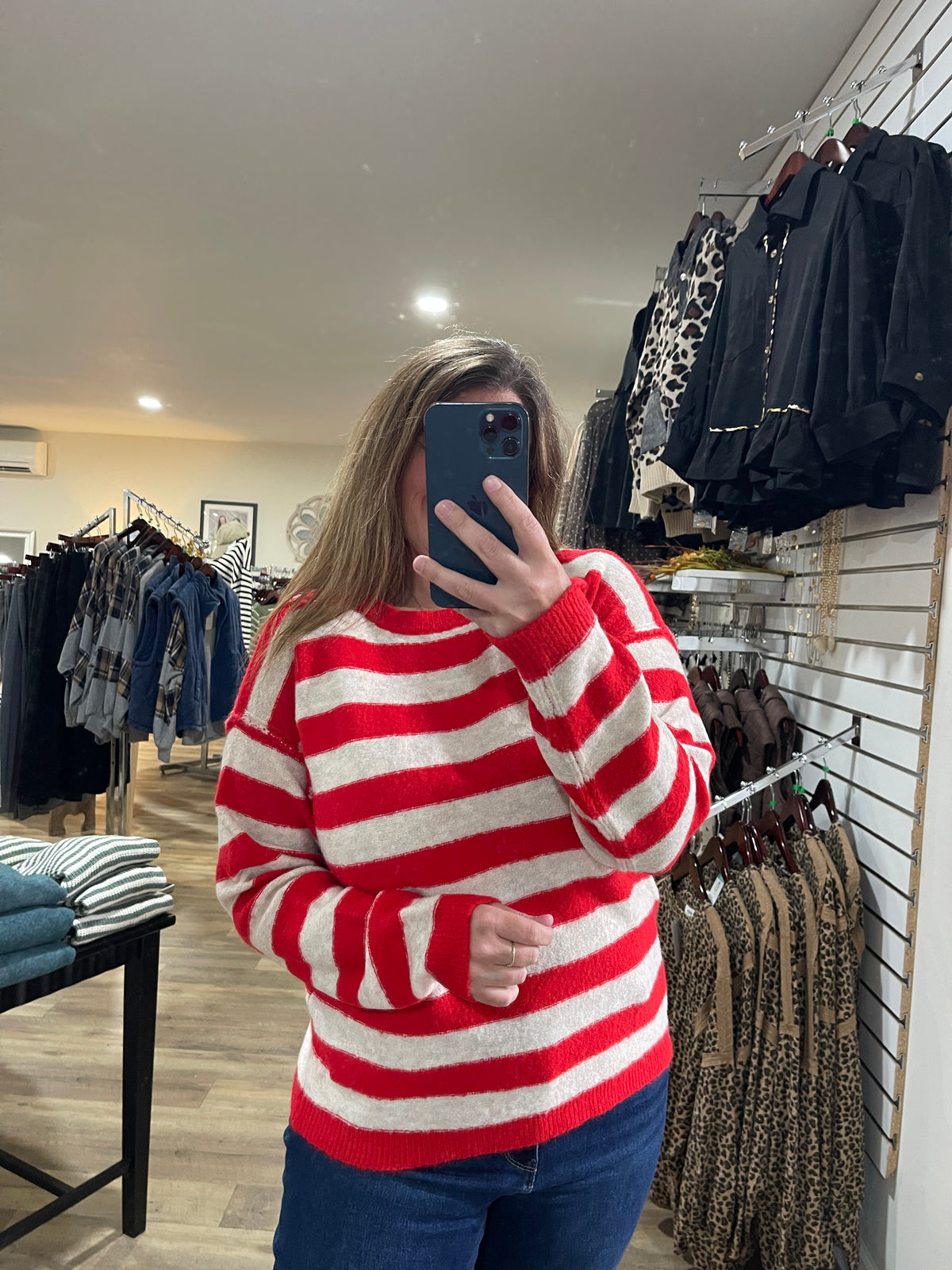 RED Bold Striped Long Sleeve Super Soft Crew Neck Pullover