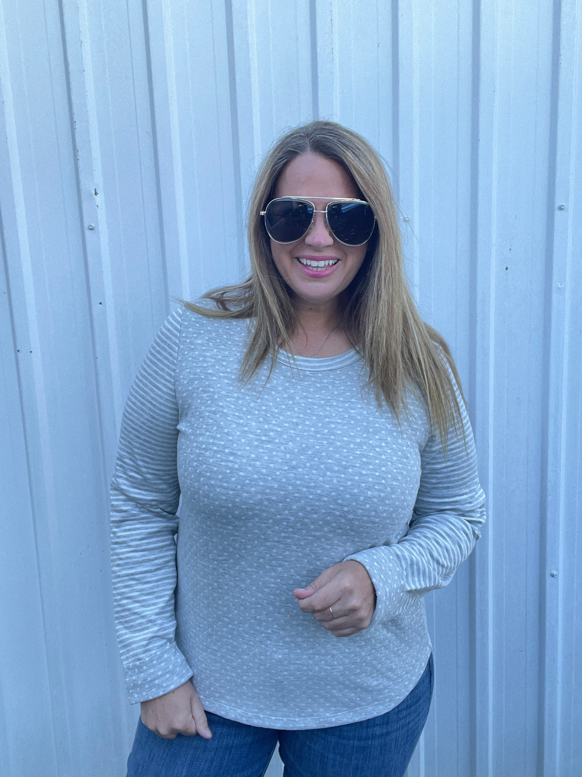HEATHER GREY Crew NECK, Long Sleeve Polka Dot And Stripe Mixed Knit Top
