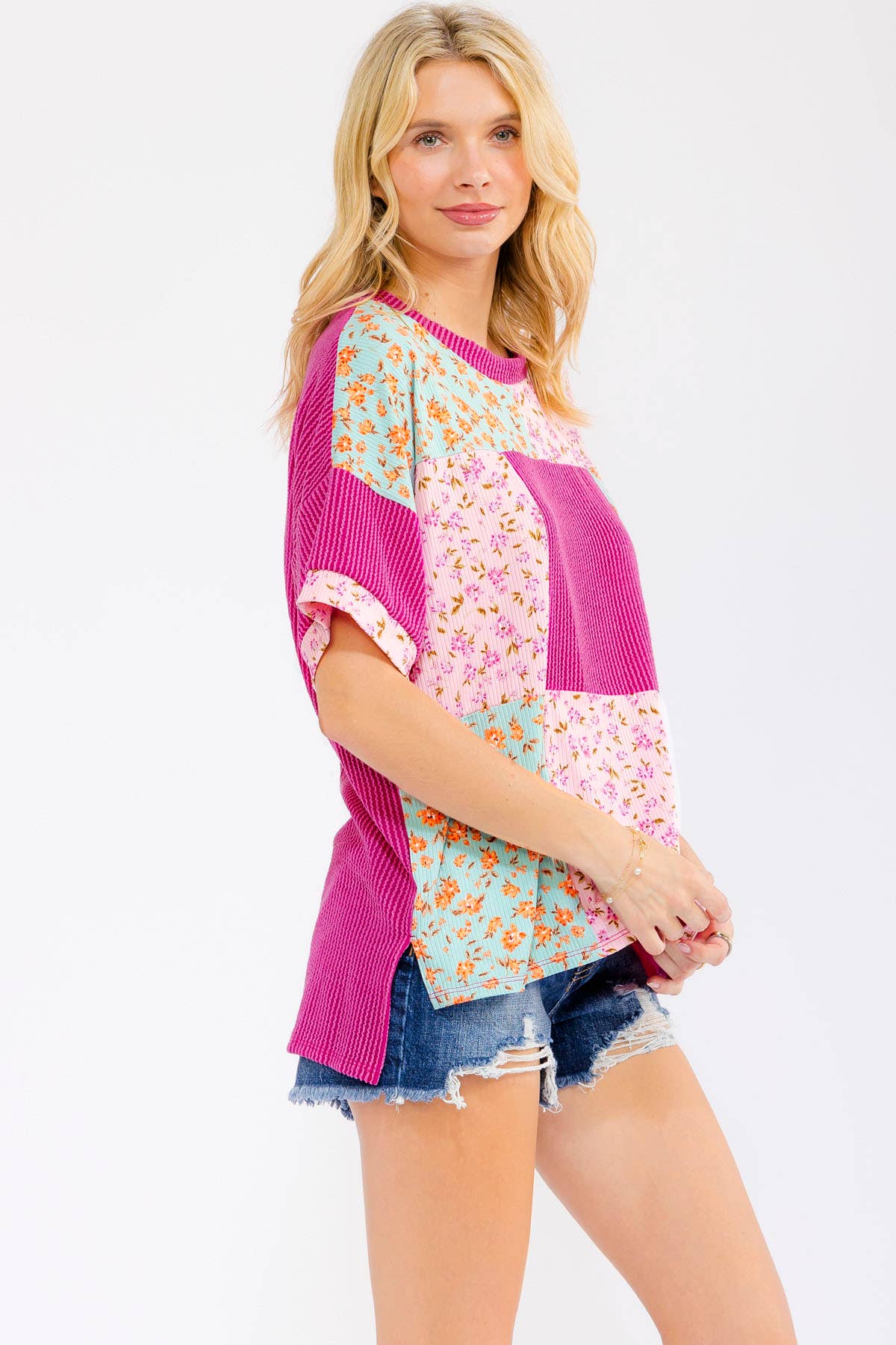 MAGENTA FLORAL PATCHWORK KNIT TOP