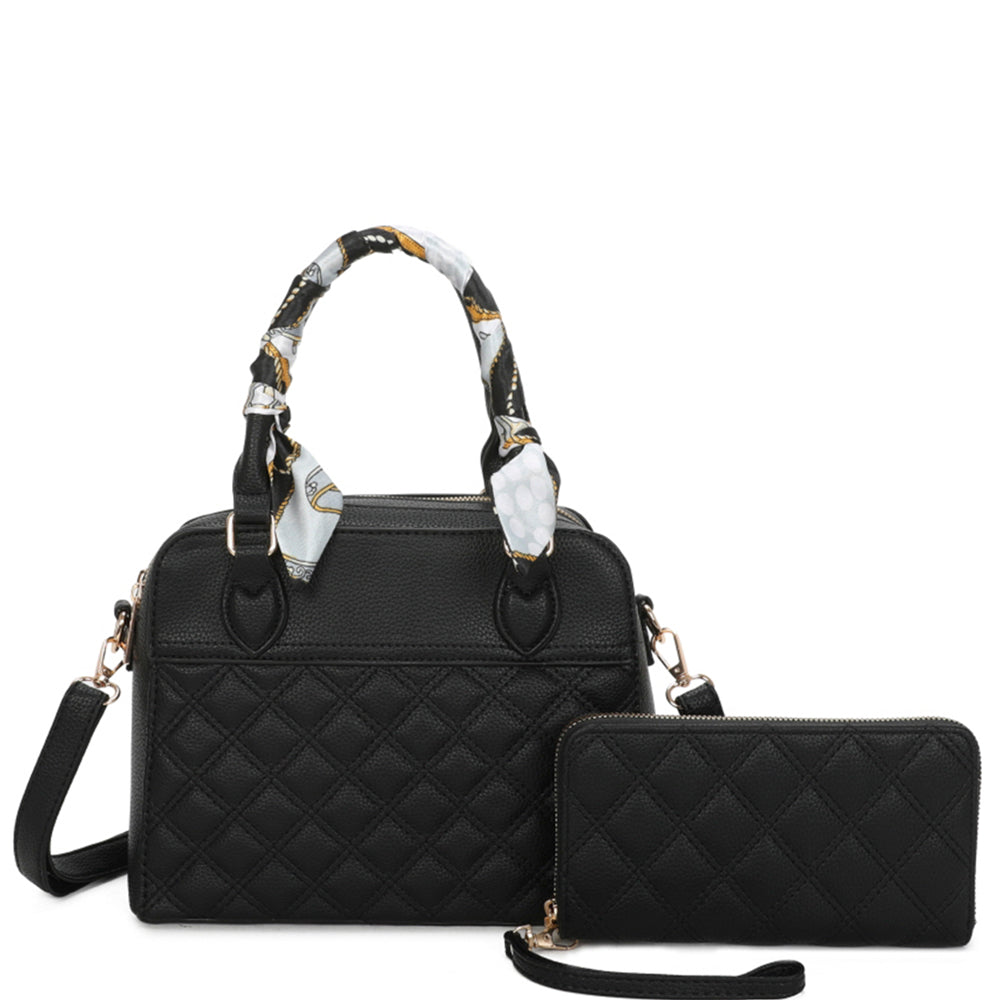 2N1 QUILTED TOP HANDLE DOUBLE ZIPPER PURSE - BLACK