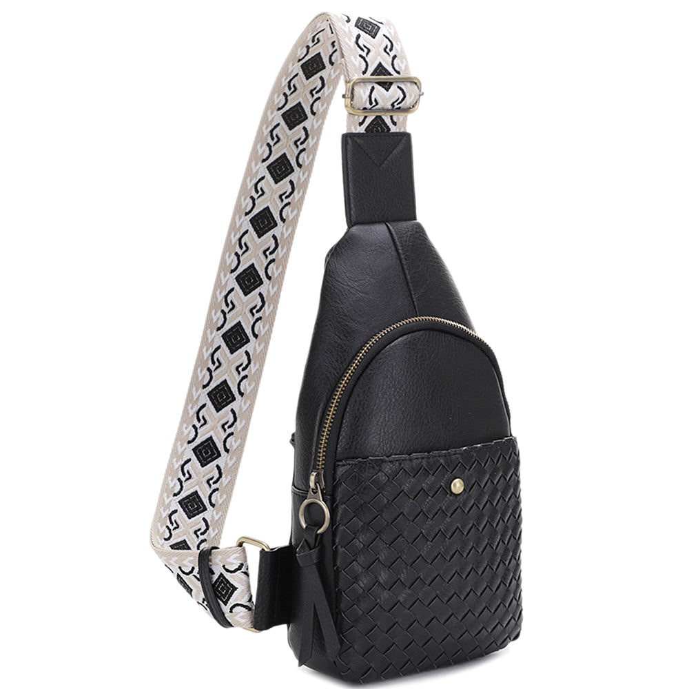 BLACK WOVEN SMOOTH DESIGN STRAP SLING CROSSBODY BAG