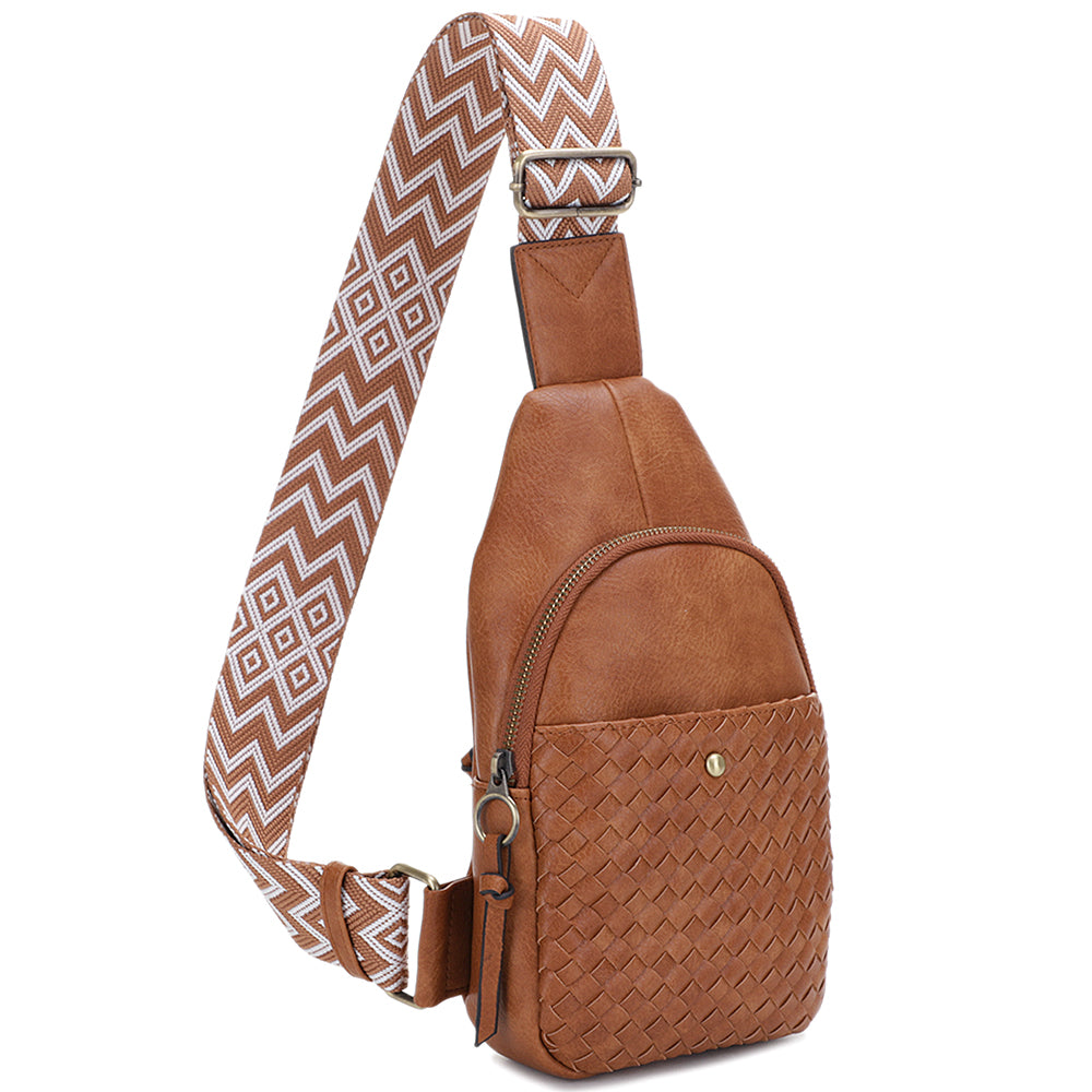 COGNAC WOVEN SMOOTH DESIGN STRAP SLING CROSSBODY BAG