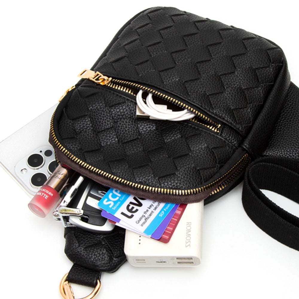 BLACK WOVEN ZIPPER SLING BAG