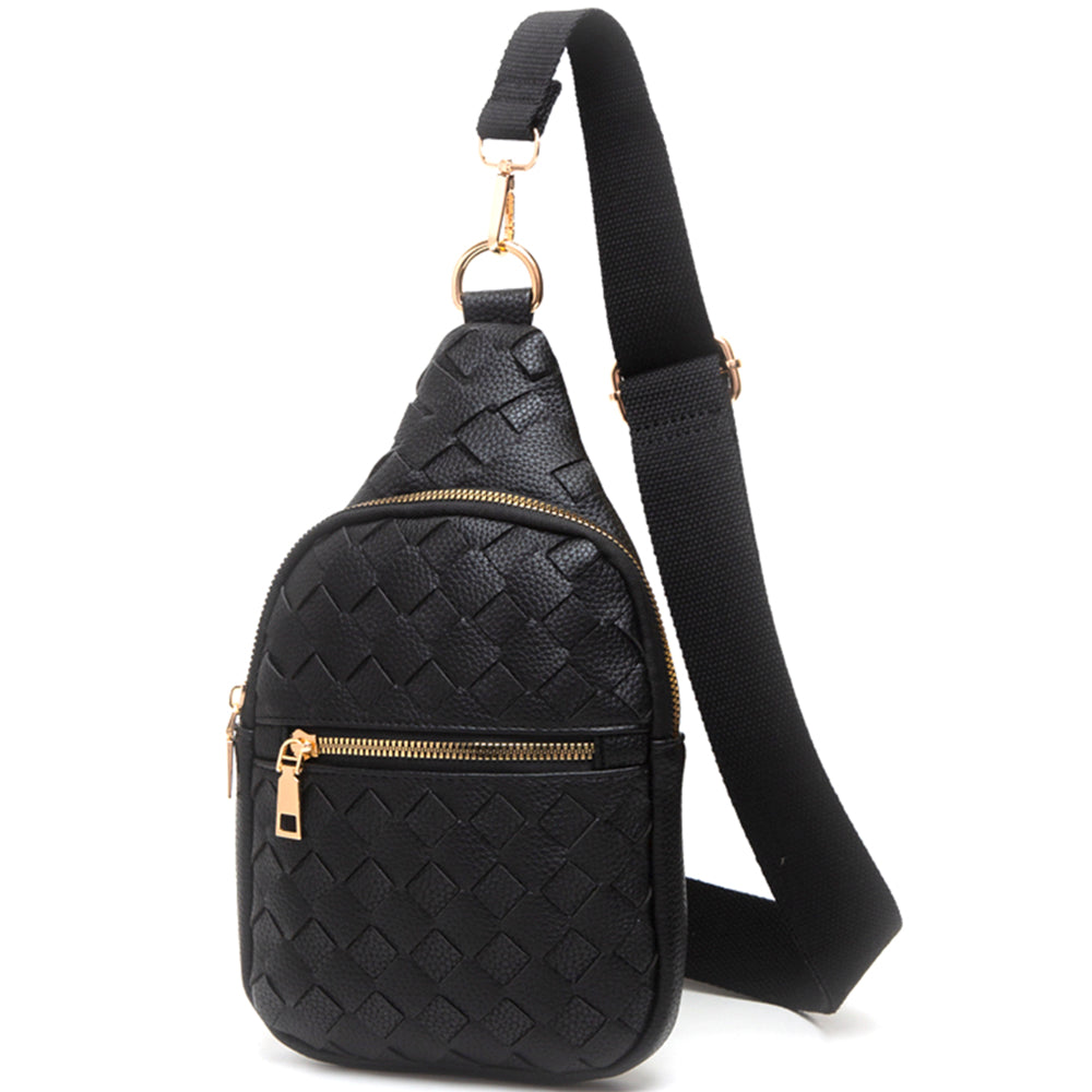 BLACK WOVEN ZIPPER SLING BAG