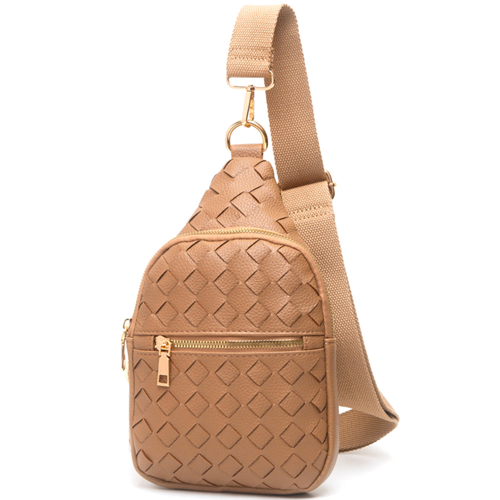 LIGHT BROWN WOVEN DESIGN ZIPPER SLING BAG