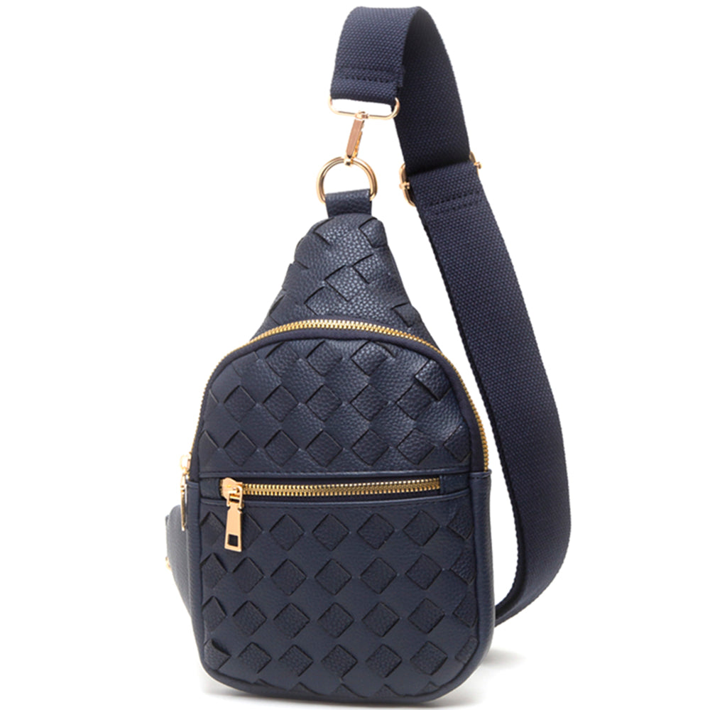 NAVY WOVEN ZIPPER SLING BAG